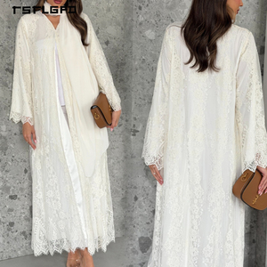 Abaya de Encaje Floral Blanco Puro de Lujo con Ribete Festoneado y Manga Campana, Kimono Modesto para Mujeres Musulmanas, Ideal para Bodas, Fiestas y Eventos Nocturnos - Product Image 2