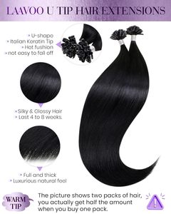 Extensions de cheveux humains Remy teints doublement étirés LaaVoo K Tip & U Tip, trame simple, noir permanent, raides crépus, 12-28 pouces, 50g - Product Image 2