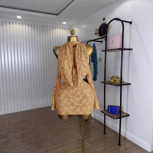 Robes sexy pour femmes, à épaules dénudées, manches longues, col bouffant, jacquard, tendance - Product Image 4