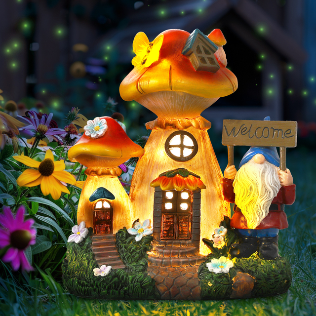 Solar Powered Mushroom LED Outdoor Resin Flower House Solar Garden Lights Decorative Lamp with Unique Design