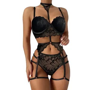 Damen-Set sexy Dessous Gärtel Gürtel Blumenstickerei erotisch verführerisch Spitze Push-Up-BH und Brief-Set