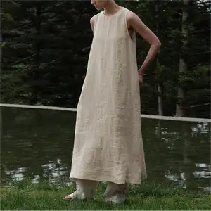 Individuelle hochwertige solide Farbe Knopfleiste ärmellos bescheidene Kleider Sommer kragenfrei Damen Maxi Baumwolle Leinen langes Kleid locker