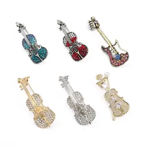 Custom Luxe Muzikant Viool Instrument Broches Elektrische Gitaar Vormige Bass Metalen Kristal Diamant Broche