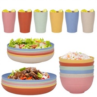 Ensemble de vaisselle en paille de blé multicolore 16 pièces, léger et réutilisable, avec assiette, bol et gobelet pour pique-nique en plein air, dîner en famille