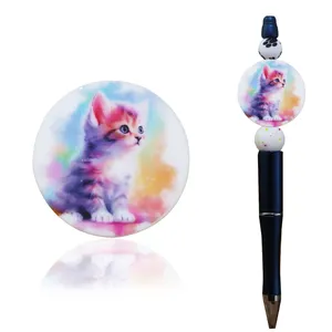 도매 서양 새로운 실리콘 구슬 귀여운 고양이 동물 다채로운 패턴 인쇄 공 초점 맞춤형 인쇄 실리콘 구슬 펜