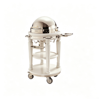 Rollbarer Servierwagen mit Weißem Spiegelstahl und Holzgestell, Runder Buffet-Servierwagen für Hotel und Restaurant mit Rädern