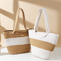 Nouveau sac à bandoulière en corde de coton avec fermeture éclair, grand sac fourre-tout tissé pour femme, sac de plage, sac seau de banlieue style panier à main