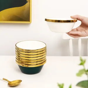 Tigela de cerâmica Nordic grande tigela de sopa doméstica 8 Polegada Saladeira Verde Branca personalizada com borda dourada