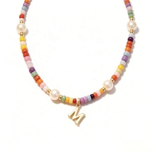 Collier de perles miniatures arc-en-ciel avec breloque initiale creuse de 26 lettres en acier inoxydable, personnalisable avec nom, pour femme, empilable - Product Image 2