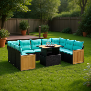 Ensemble de canapés de patio en rotin poly noir, 10 pièces, avec coussins, ensemble de meubles d'extérieur pour jardin - Product Image 2