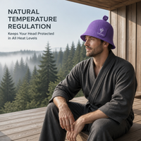 Chapeau de sauna en feutre de laine violet, doux et épais, à large bord, avec boucle de suspension et patch frontal en feutre brodé du logo personnalisé