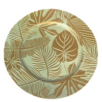 Assiette de présentation ronde classique de 13 pouces en plastique vert à motif de feuilles tropicales et bord doré pour mariages et décoration de table