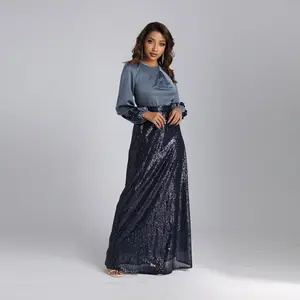 Manches longues bouffée robe de luxe sequin fleur broder modeste robe de soirée