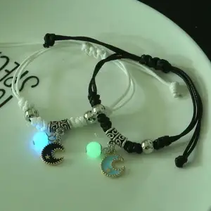 Rinhoo conjunto de pulseiras luminosas, 2 peças de bracelete de casal com estrelas, lua ajustável, corda trançada que combinam, joias para presente