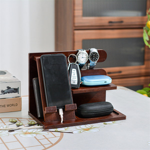 Wooden phone stand, multi-functional <b>desktop</b> storage rack with key and other storage compartments, solid wood <b>shelf</b>. - Product Image 1