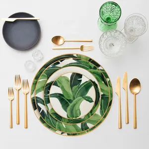 Столовые сервизы для ресторана Bs, 4 шт., с золотым ободком в виде банановых листьев, китайские высокие керамические зеленые тарелки, столовая посуда для свадьбы