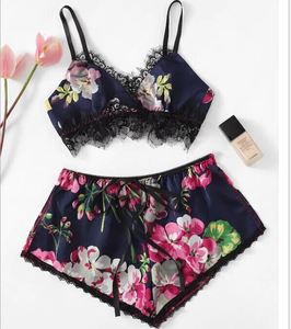 Vendita calda <span class=keywords><strong>senza</strong></span> fili Sexy in raso floreale reggiseno da donna e intimo Set di biancheria da notte setosa - Product Image 4