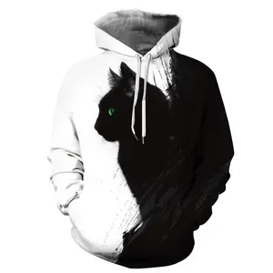 Pasangan Kucing Hitam dan Putih 3D Digital Printing Hoodie Pullover Sweater Grosir Sumber Pabrik