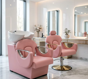 Sillón de Barbería de Lujo en PU Rosa con Reposabrazos Dorados, Silla Hidráulica de Estilismo, Silla para Lavado de Cabello para Salón - Product Image 2
