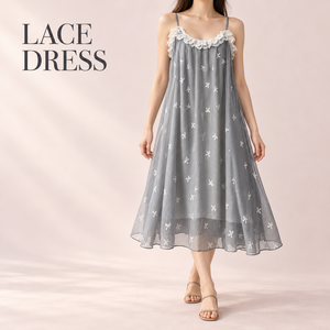 Vestido de verano fluido y holgado para mujer, de malla bordada, con tirantes finos y ribete de encaje transparente, al por mayor - Product Image 1