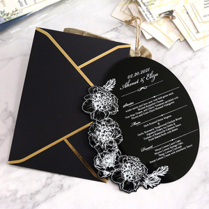 Carte de menu en acrylique avec fleur en feuille d'aluminium blanche, design luxueux et forme créative, couleur personnalisée, invitations de <span class=keywords><strong>mariage</strong></span> classiques en acrylique noir - Product Image 2