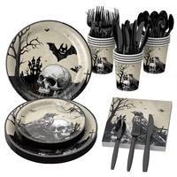Ensemble de vaisselle jetable en bois Joyeux Anniversaire, design moderne tête de mort noire, vaisselle de fête très vendue, assiettes, gobelets, serviettes