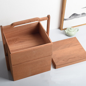 <b>Wooden</b> Double Layer <b>Basket</b> Rectangle Handheld <b>Storage</b> Box For Home Food Container General Packaging Handmade - Product Image 4