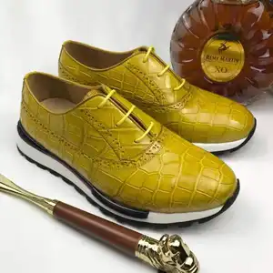 Sapatos masculinos elegantes de couro de crocodilo, amarelo, jacaré, couro genuíno, azul, crocodilo, couro, legal