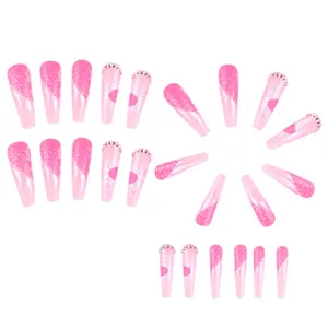 Moda de lujo Extra largo Rosa Bling Press-On Nail Sets Barbiecore Press On Nails