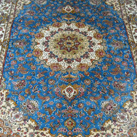Tapis persan en soie bleue 4x6 fait main, tapis persan noué à la main pour chambre à coucher persane