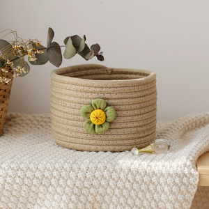 Handmade Woven Storage Basket <b>Round</b> Natural Fiber With Flower Decor For Desk <b>Bedside</b> Coffee <b>Table</b> Organization - Product Image 1