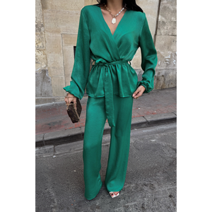 Conjunto de Blusa y Pantalones Cruzados de Satén Verde para Mujer, Estilo Club, Top Corto, Tallas XS a XL, Diseño Liso para Otoño - Product Image 3