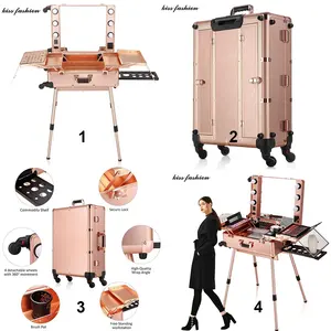 Nghệ Sĩ Trang Điểm Kit Organizer Travel Cán Lớn Vanity Hộp Trường Hợp Với Đèn Trên Bánh Xe, Rose Gold Hot Hồng Đen Trang Điểm Vanity