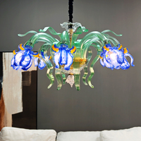 Lustre en verre style Murano, fleur d'iris bleue, 8 lumières G9, lampe suspendue pour salle à manger, décoration intérieure