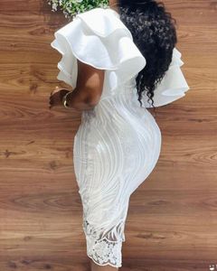 X7005 Nouvelle Robe de Soirée <span class=keywords><strong>Chic</strong></span> en Dentelle à Épaule Unique et Manches Volants pour <span class=keywords><strong>Femme</strong></span>, Couleur Unie, Décontractée, Été, Blanche - Product Image 3