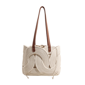 Retro <b>Woven</b> Straw <b>Tote</b> <b>Bag</b> Leather Strap Drawstring Shoulder Handbag for Beach Vacation - Product Image 2