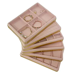 Pink Kustom LOGO Toko Perhiasan Cincin Gelang Rantai Tray Tampilan Beludru Stackable Logam Perhiasan Tray untuk Toko