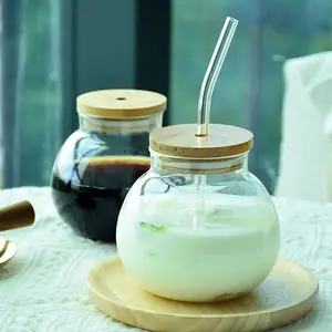 17Oz Handgeblazen Borosilicaatglas Sap Potten Creatieve Mini Cocktail Glazen Vissenkom Drinken Koude Kopjes Met Bamboe Deksel En stro