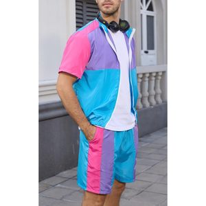 Yisfri Men's Vintage Track Suit 80s 90s Style Quick Dry <b>Workout</b> Set Short Sleeve <b>Jacket</b> And Shorts Disco Outfit - Product Image 3