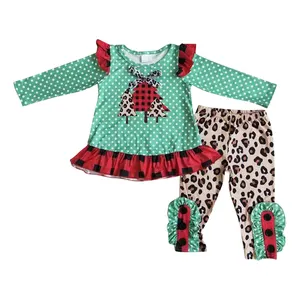 B8-17 크리스마스 어린이 소녀 의류 세트 나비 매듭 크리스마스 트리 빨간 레이스 녹색 물방울 무늬 긴 소매 표범 무늬 바지