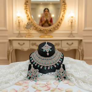 <b>Gold</b> Plated Brass Zircon Ethnic Bridal Jewelry <b>Set</b> Choker Necklace Drop Earrings Tikka High Quality Wedding Engagement Gift - Product Image 2
