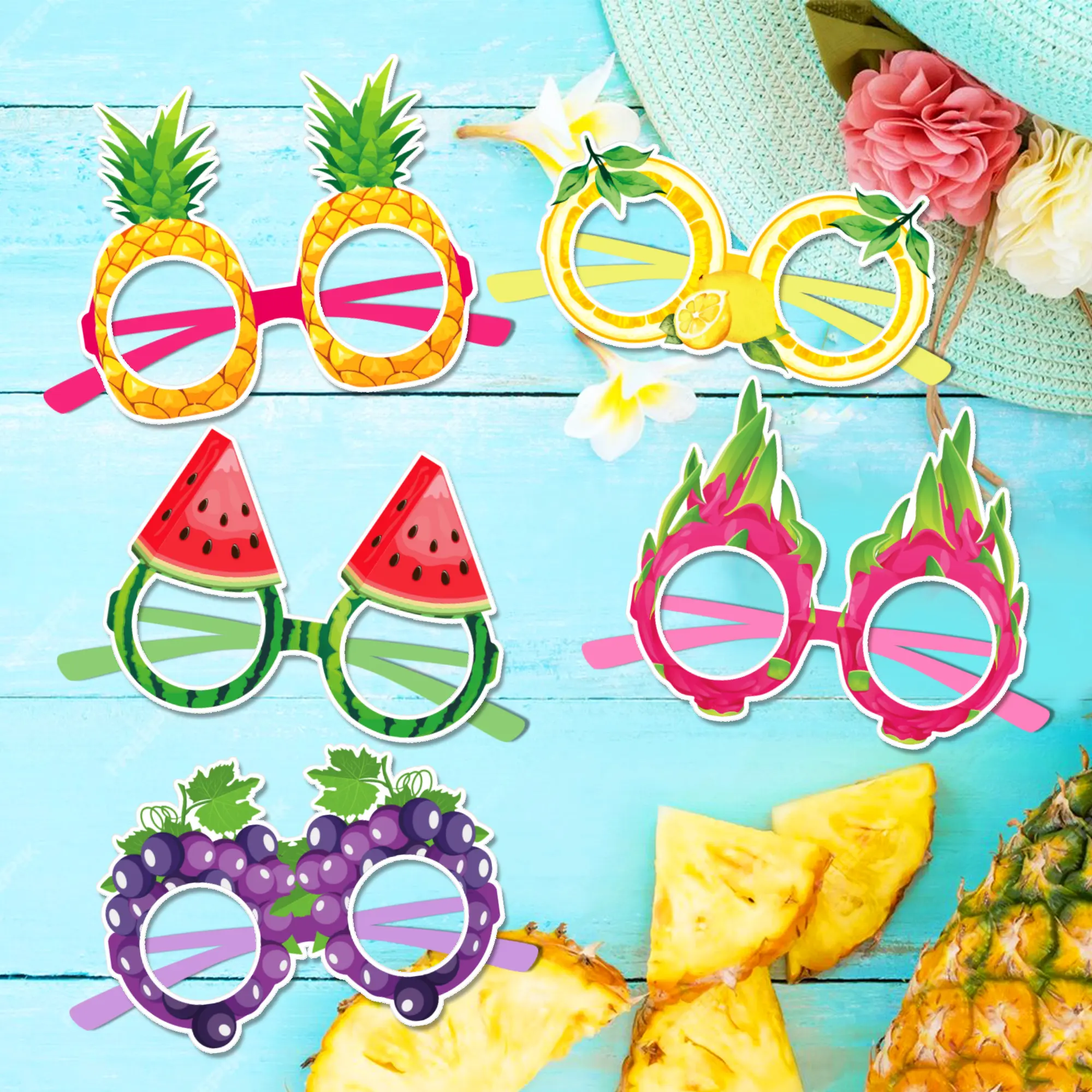 MJ047 Summer Theme Fruit Paper Glasses Tropical Fruit Glasses for Hawaii Beach Party KIds Glasses Decoration