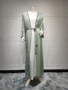 2023 Designs Eid Dubai Islamisch Elegant Modest Abaya Frauen Muslim Kleid Inner Slip Kleid Abaya Set Diamant Satin Seide Open Abaya