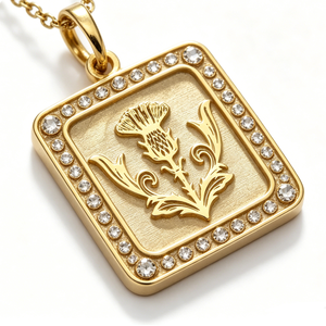 Medalla Circular Chapada en Oro con Diseño Tallado de Flor de Cardo, Colgante de Latón, Joyería - Product Image 4
