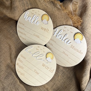 Panneau de bienvenue pour nouveau-né en langue personnalisée, marqueur d'annonce de naissance d'hôpital en bois sculpté à la main, sculpture ronde pour bébé - Product Image 6