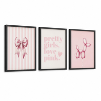 Décoration murale Coquette Chien Ballon Rose avec Nœud, Cadre en Aluminium Noir Mat, Ensemble de 3 Pièces pour Chambre de Fille, Salon de Beauté, Appartement