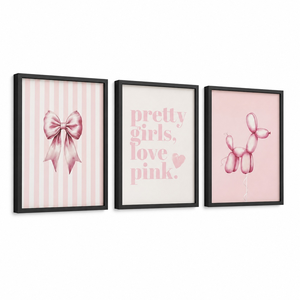 Arte Mural de Perro Globo con Lazo Rosa Coquette, con Marco de Aluminio Negro Mate, Decoración de 3 Piezas para Dormitorio de Niñas, Salón de Belleza, <span class=keywords><strong>Apartamento</strong></span> - Product Image 1