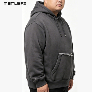 Sweat à capuche en jersey délavé vintage pour homme grande taille, coupe irrégulière, effet usé, poche kangourou, pull oversize, style streetwear décontracté - Product Image 3