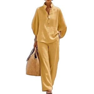 Fabricant OEM de tenues décontractées en coton et lin pour femmes, ensemble chemisier et pantalon deux pièces, coupe ample, couleur unie, vêtements en gros - Product Image 4