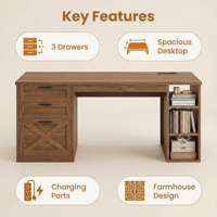 Bureau de direction de 55,1 pouces avec 3 tiroirs, bureau en forme de L, bureau d'ordinateur avec tiroir à dossiers et étagères de rangement pour bureau à domicile